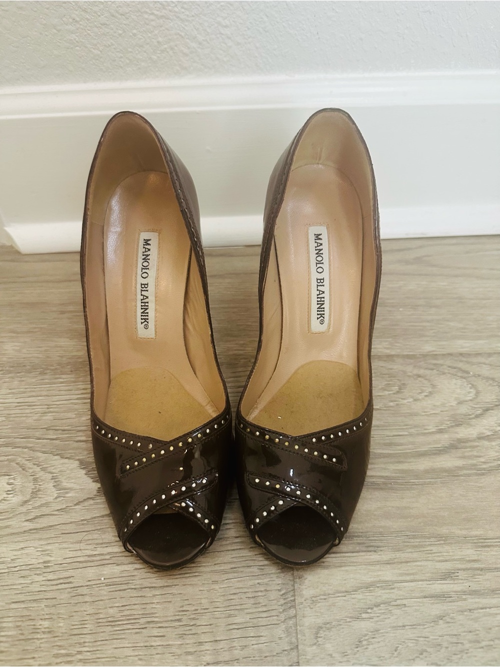 Manolo Blahnik Brown Patent Leather Peep-Toe Heels with Stud Accents